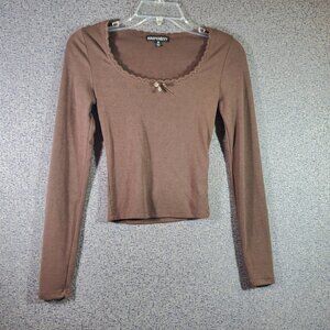 Brown Pointelle Heart Pattern Lace Trim Long Sleeve Crop Top XS